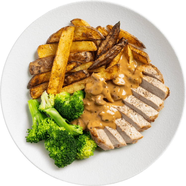 Pork & Rustic Cut Potatoes with Mushroom Onion Gravy | Youfoodz Meal ...