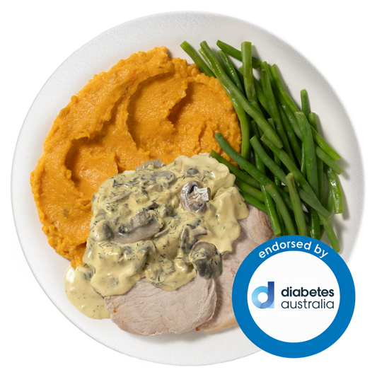 Creamy Mushroom Pork with Sweet Potato Mash & Green Beans