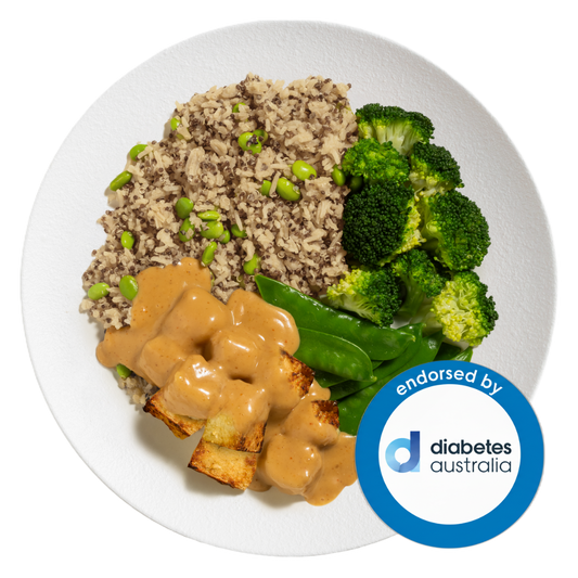 Satay Tofu Supergrain bowl with Edamame & Snow Peas