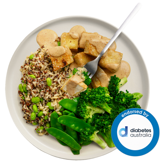 Satay Tofu Supergrain bowl with Edamame & Snow Peas