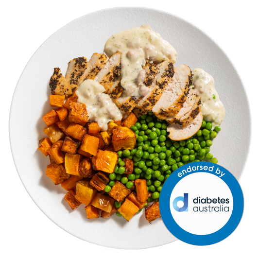 Roast Chicken in Bacon Parsley Sauce with Roast Veggies & Peas