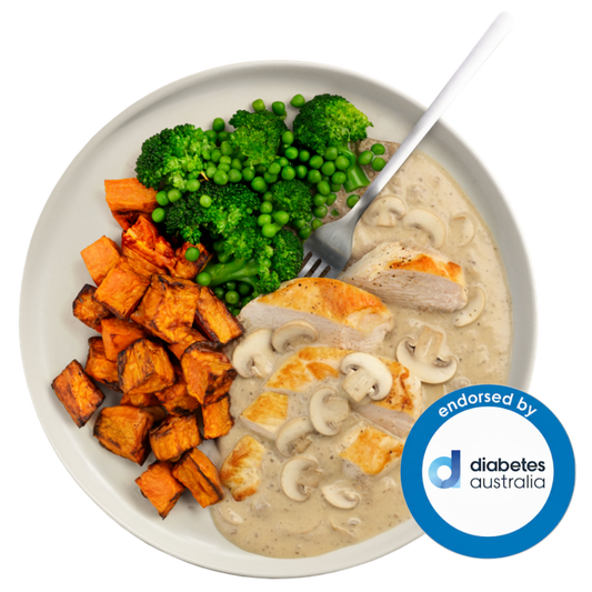Creamy Mushroom Chicken with Roast Veggies & Peas