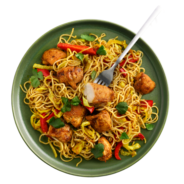 Singapore Chicken Noodles with Stir-Fried Capsicum & Cabbage