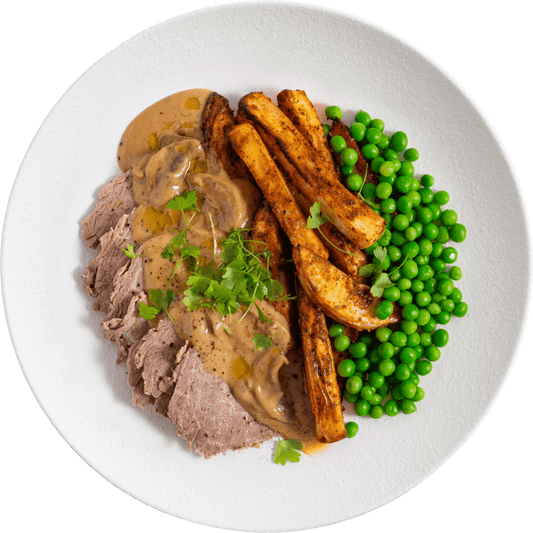 Roast Beef & Rustic Cut Potatoes with Mushroom Sauce