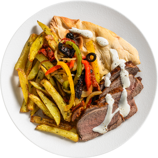 Lamb Gyros Plate with Potatoes & Sicilian Veg