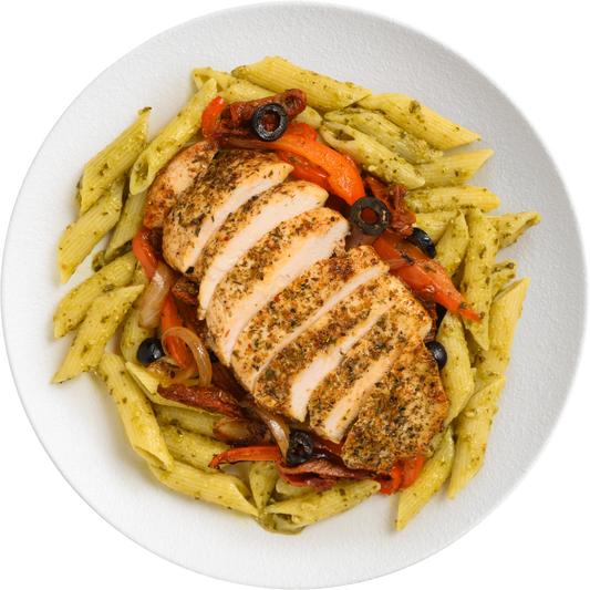 Chicken Pesto Pasta Salad with Antipasto Veggies & Olives