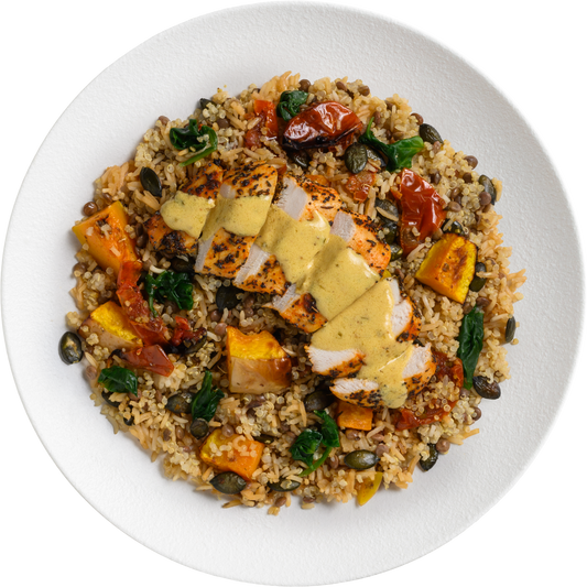 Chicken Lentil Rice Salad with Roast Pumpkin & Lemon Honey Vinaigrette