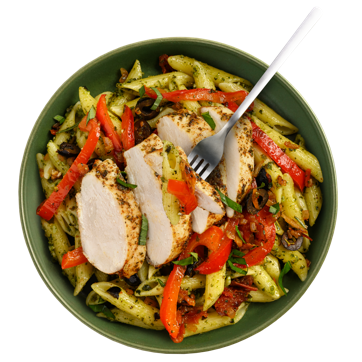 Chicken Pesto Pasta Salad with Antipasto Veggies & Olives