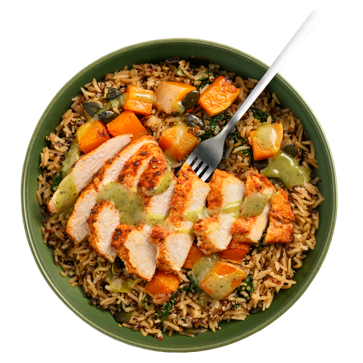 Chicken Lentil Rice Salad with Roast Pumpkin & Lemon Honey Vinaigrette